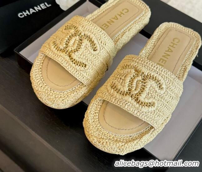 Top Grade Chanel Raffia Straw Flat Slides Sandal Beige 603068