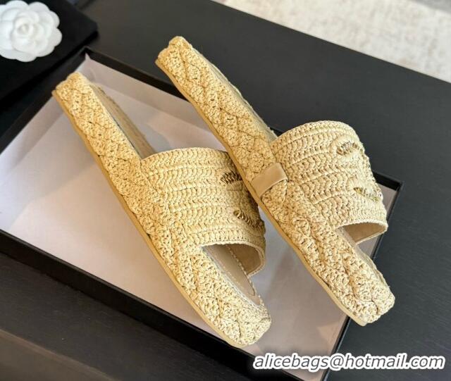 Top Grade Chanel Raffia Straw Flat Slides Sandal Beige 603068