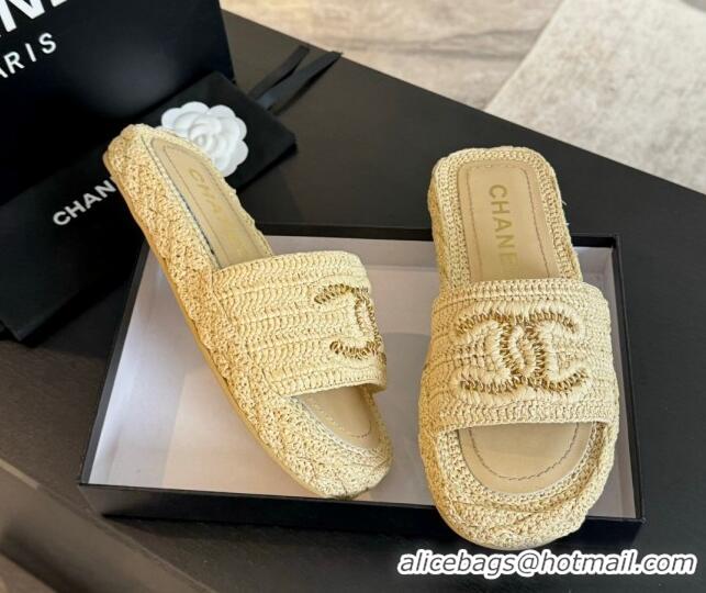 Top Grade Chanel Raffia Straw Flat Slides Sandal Beige 603068