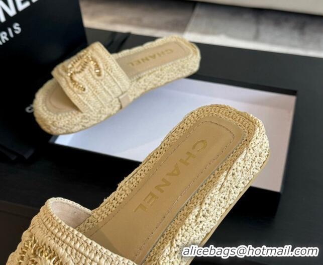 Top Grade Chanel Raffia Straw Flat Slides Sandal Beige 603068