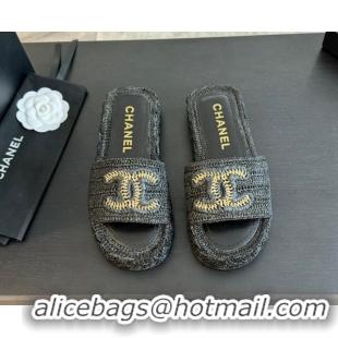 Shop Duplicate Chanel Raffia Straw Flat Slides Sandal Black 603070