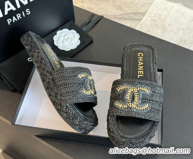 Shop Duplicate Chanel Raffia Straw Flat Slides Sandal Black 603070