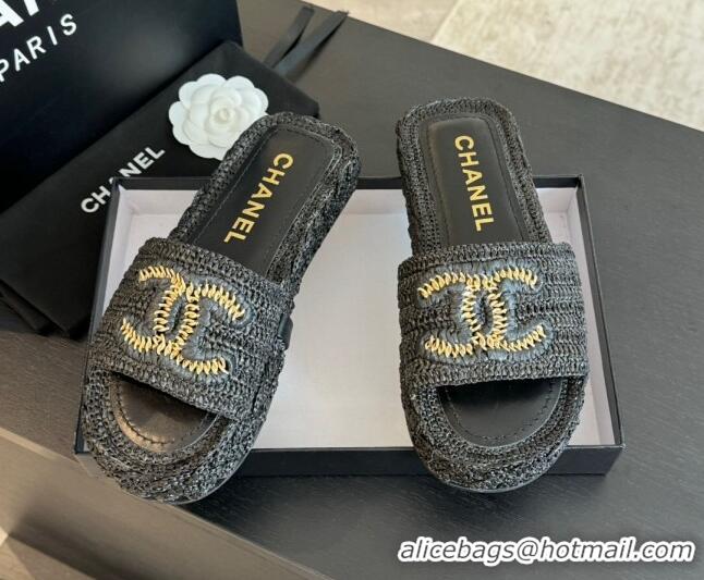 Shop Duplicate Chanel Raffia Straw Flat Slides Sandal Black 603070