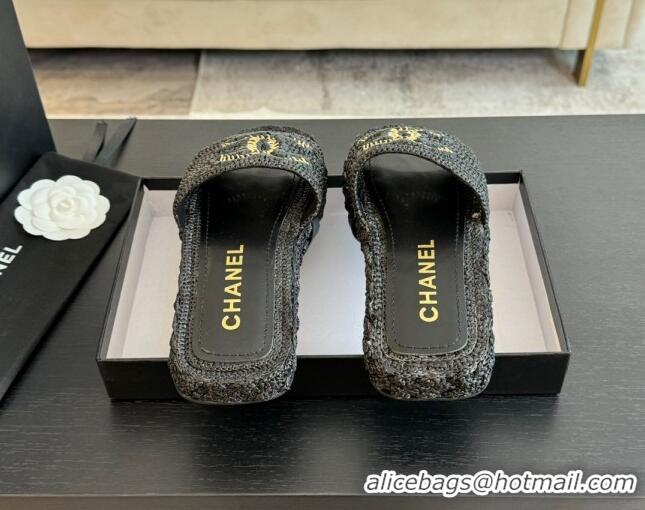 Shop Duplicate Chanel Raffia Straw Flat Slides Sandal Black 603070