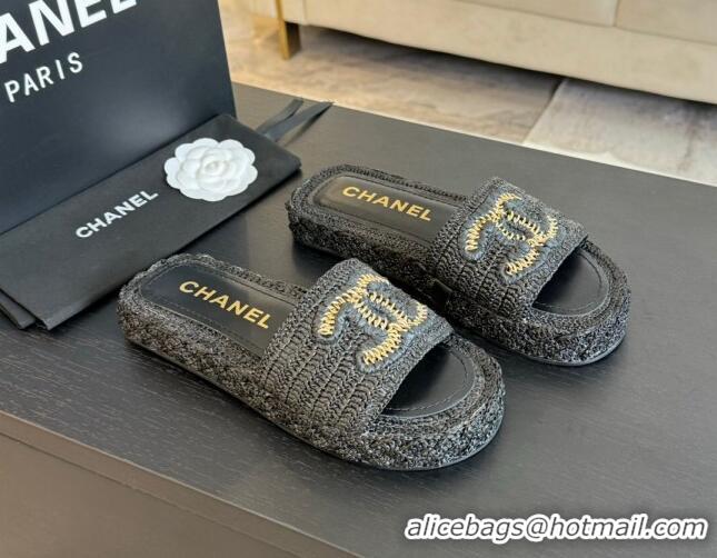 Shop Duplicate Chanel Raffia Straw Flat Slides Sandal Black 603070