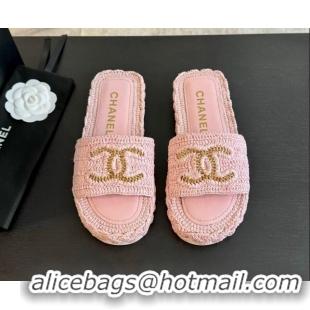 Pretty Style Chanel Raffia Straw Flat Slides Sandal Light Pink 603071