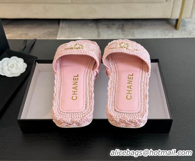 Pretty Style Chanel Raffia Straw Flat Slides Sandal Light Pink 603071