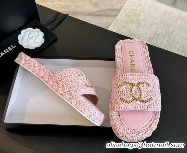 Pretty Style Chanel Raffia Straw Flat Slides Sandal Light Pink 603071