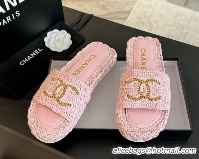 Pretty Style Chanel Raffia Straw Flat Slides Sandal Light Pink 603071