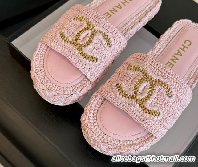 Pretty Style Chanel Raffia Straw Flat Slides Sandal Light Pink 603071