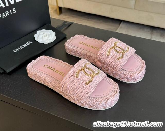 Pretty Style Chanel Raffia Straw Flat Slides Sandal Light Pink 603071