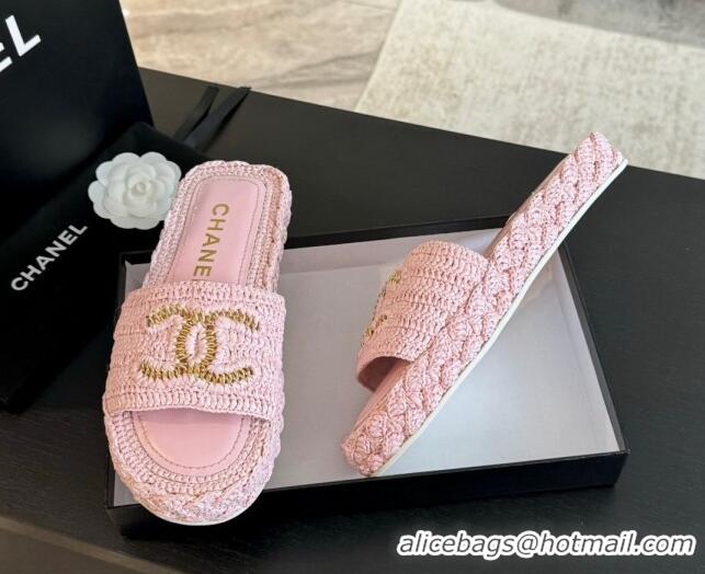 Pretty Style Chanel Raffia Straw Flat Slides Sandal Light Pink 603071