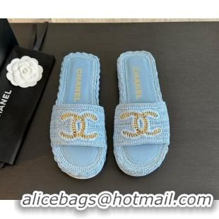 Durable Chanel Raffia Straw Flat Slides Sandal Light Blue 603072