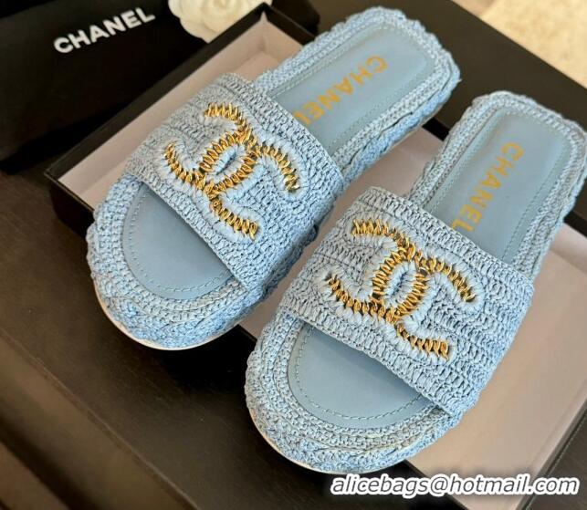 Durable Chanel Raffia Straw Flat Slides Sandal Light Blue 603072