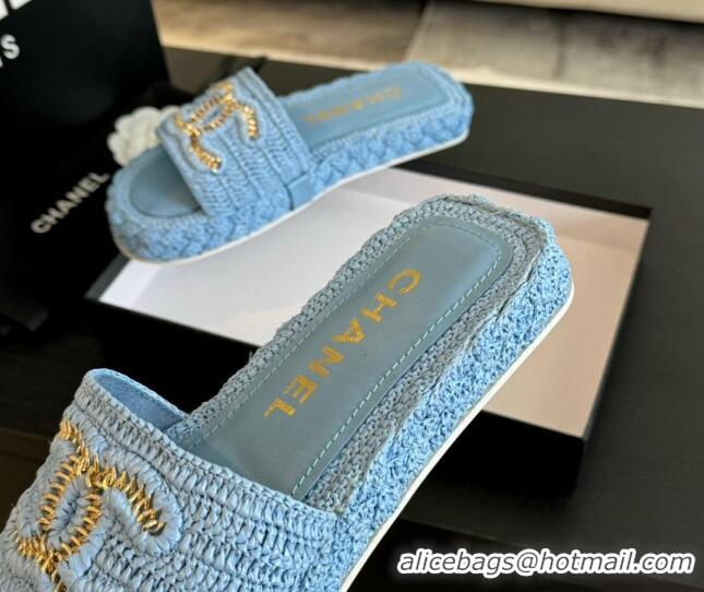 Durable Chanel Raffia Straw Flat Slides Sandal Light Blue 603072