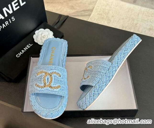 Durable Chanel Raffia Straw Flat Slides Sandal Light Blue 603072