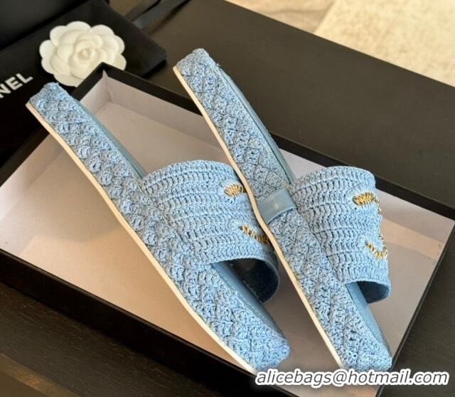 Durable Chanel Raffia Straw Flat Slides Sandal Light Blue 603072