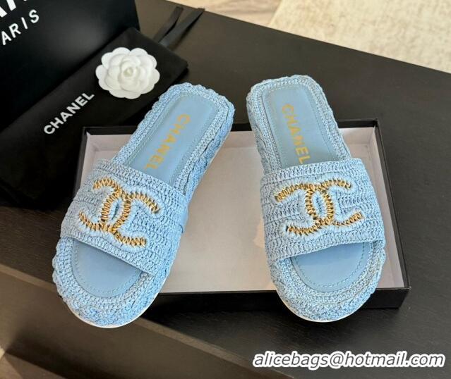 Durable Chanel Raffia Straw Flat Slides Sandal Light Blue 603072