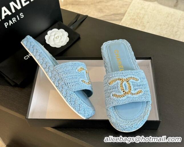 Durable Chanel Raffia Straw Flat Slides Sandal Light Blue 603072