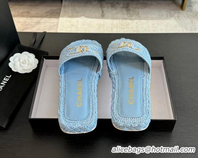 Durable Chanel Raffia Straw Flat Slides Sandal Light Blue 603072