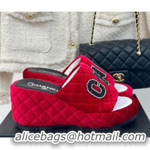 Unique Style Chanel Quilted Velvet Wedge Slides Sandals Red 603073