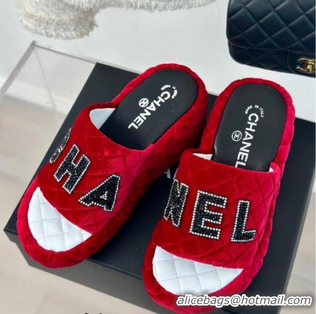 Unique Style Chanel Quilted Velvet Wedge Slides Sandals Red 603073