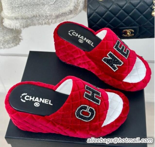 Unique Style Chanel Quilted Velvet Wedge Slides Sandals Red 603073