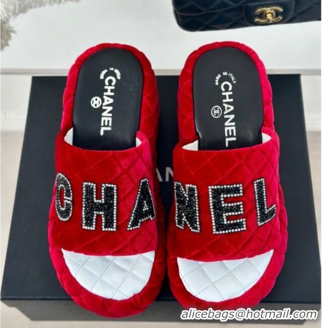 Unique Style Chanel Quilted Velvet Wedge Slides Sandals Red 603073