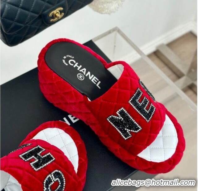 Unique Style Chanel Quilted Velvet Wedge Slides Sandals Red 603073