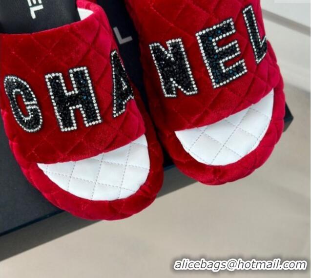 Unique Style Chanel Quilted Velvet Wedge Slides Sandals Red 603073