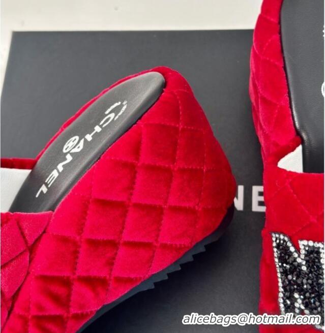 Unique Style Chanel Quilted Velvet Wedge Slides Sandals Red 603073