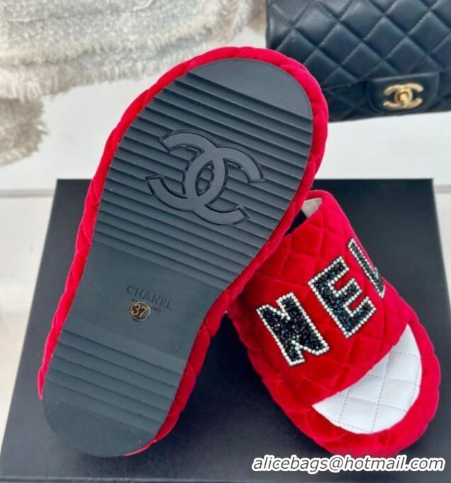 Unique Style Chanel Quilted Velvet Wedge Slides Sandals Red 603073