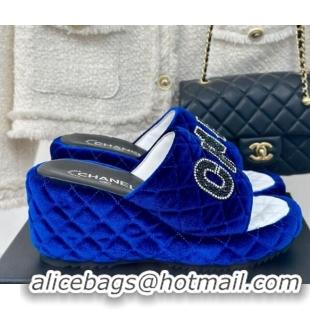 Good Quality Chanel Quilted Velvet Wedge Slides Sandals Blue 603074