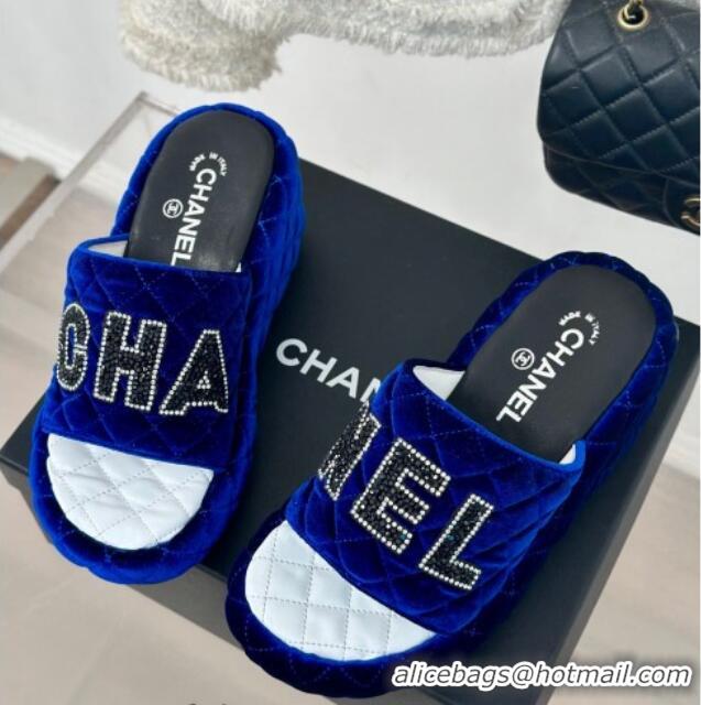 Good Quality Chanel Quilted Velvet Wedge Slides Sandals Blue 603074