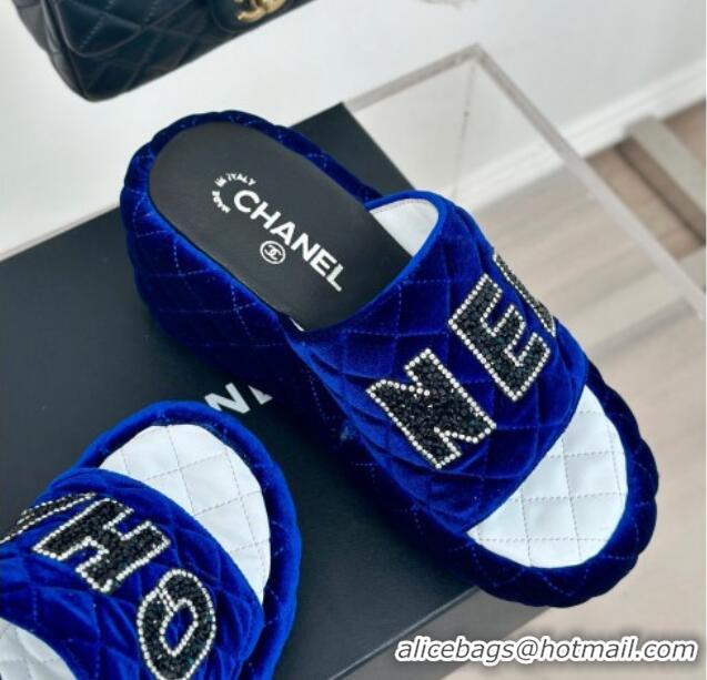 Good Quality Chanel Quilted Velvet Wedge Slides Sandals Blue 603074