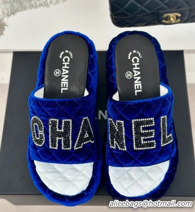 Good Quality Chanel Quilted Velvet Wedge Slides Sandals Blue 603074