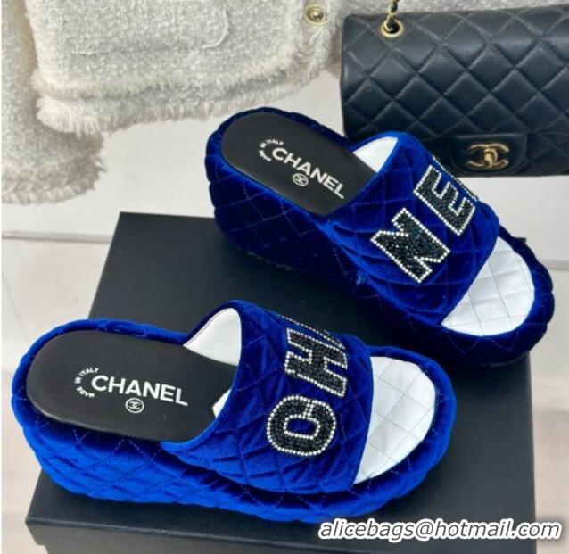 Good Quality Chanel Quilted Velvet Wedge Slides Sandals Blue 603074