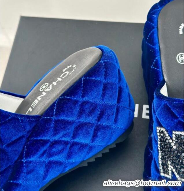 Good Quality Chanel Quilted Velvet Wedge Slides Sandals Blue 603074