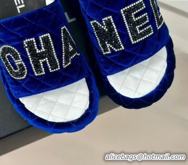 Good Quality Chanel Quilted Velvet Wedge Slides Sandals Blue 603074