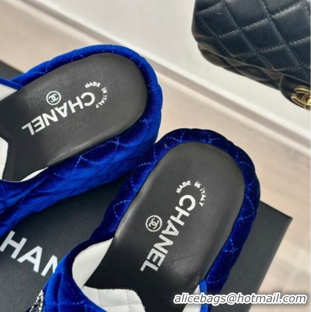 Good Quality Chanel Quilted Velvet Wedge Slides Sandals Blue 603074