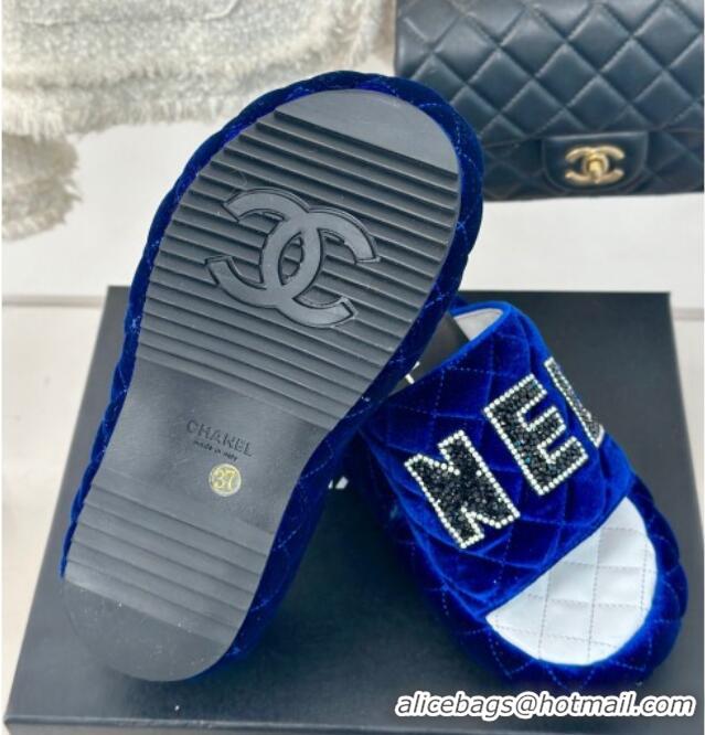 Good Quality Chanel Quilted Velvet Wedge Slides Sandals Blue 603074