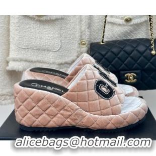 Low Cost Chanel Quilted Velvet Wedge Slides Sandals Nude 603075