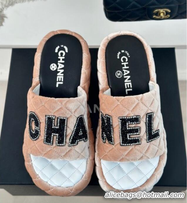 Low Cost Chanel Quilted Velvet Wedge Slides Sandals Nude 603075