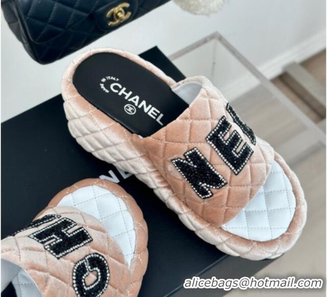 Low Cost Chanel Quilted Velvet Wedge Slides Sandals Nude 603075