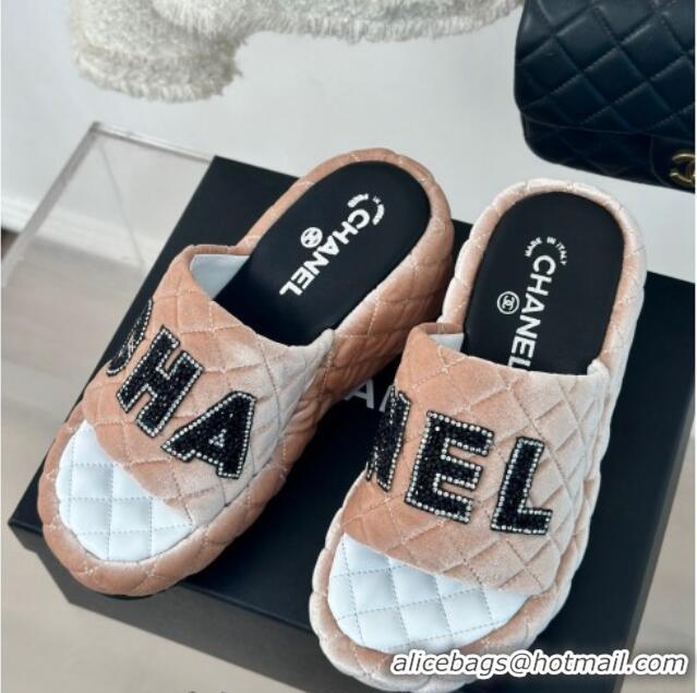 Low Cost Chanel Quilted Velvet Wedge Slides Sandals Nude 603075