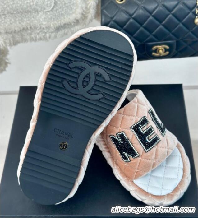 Low Cost Chanel Quilted Velvet Wedge Slides Sandals Nude 603075