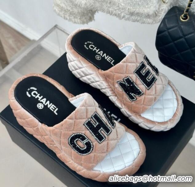 Low Cost Chanel Quilted Velvet Wedge Slides Sandals Nude 603075