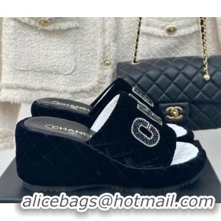 Best Product Chanel Quilted Velvet Wedge Slides Sandals Black 603076