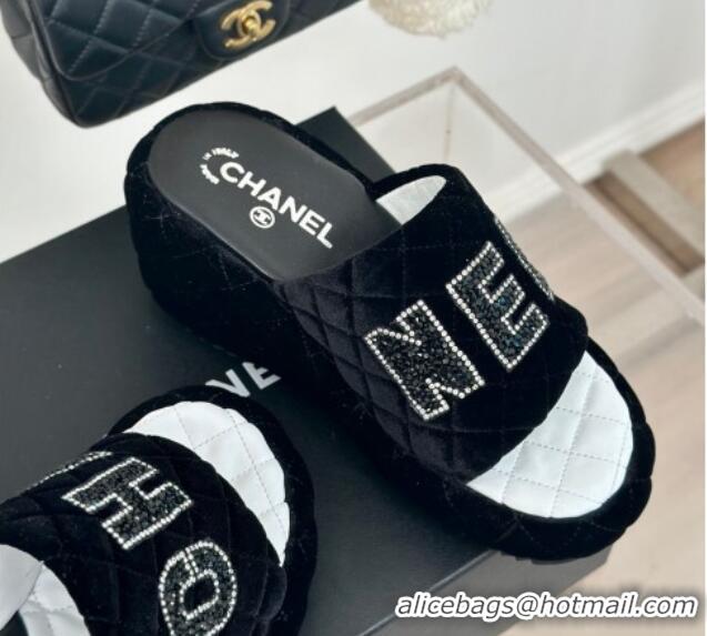 Best Product Chanel Quilted Velvet Wedge Slides Sandals Black 603076