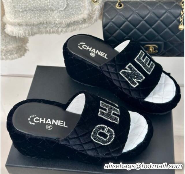 Best Product Chanel Quilted Velvet Wedge Slides Sandals Black 603076